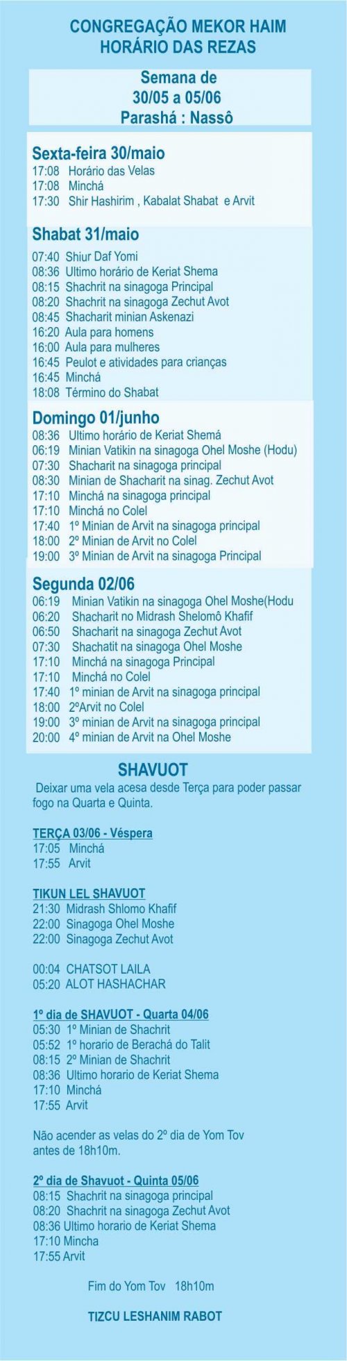 Programação de Shavuot da Congregação Mekor haim