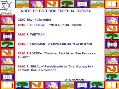 Programação para a Noite de Shavuot na Kehilat Mizrachi