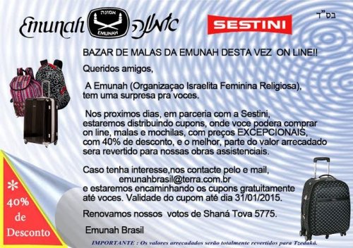 Bazar Online Sestini em Prol da Emunah com 40% Off