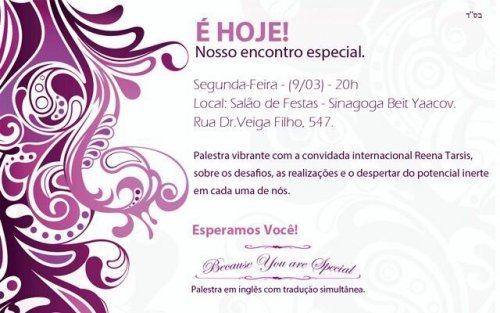 É HOJE! Evento Imperdível - Encontro Especial para Mulheres da Comunidade Judaica com a renomada Oradora Reena Tarsis