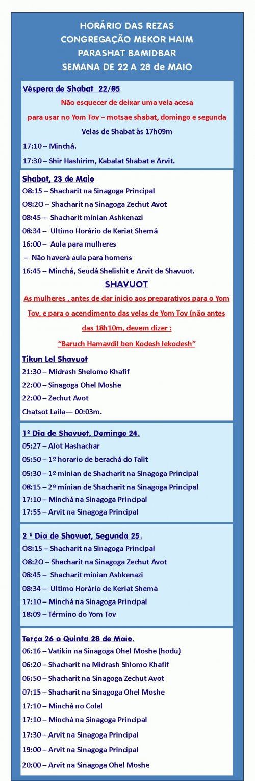 Programaçaõ de Shavuot da Congregação Mekor Haim