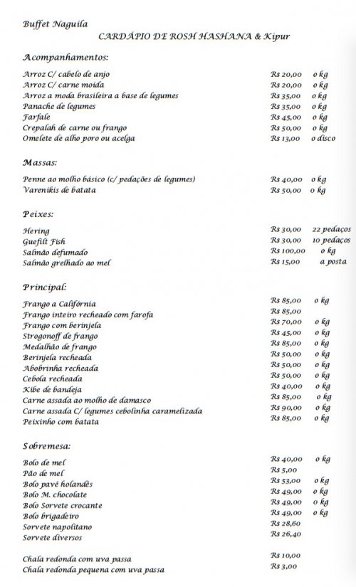 BUFFET NAGUILA  - Cardápio Completo para Rosh Hashaná & Kipur 2015