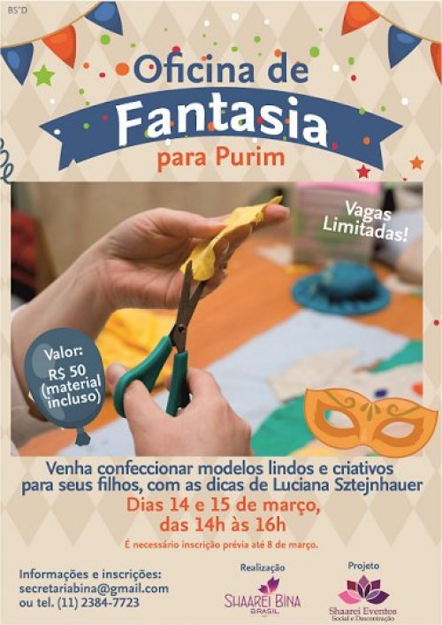 Oficina de Fantasia para Purim, com Luciana Sztejnhauer, na Shaarei Biná