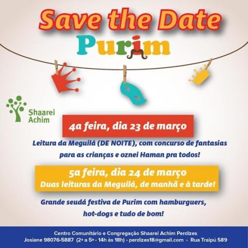 Save the Date - Purim na Shaarei Achim Perdizes