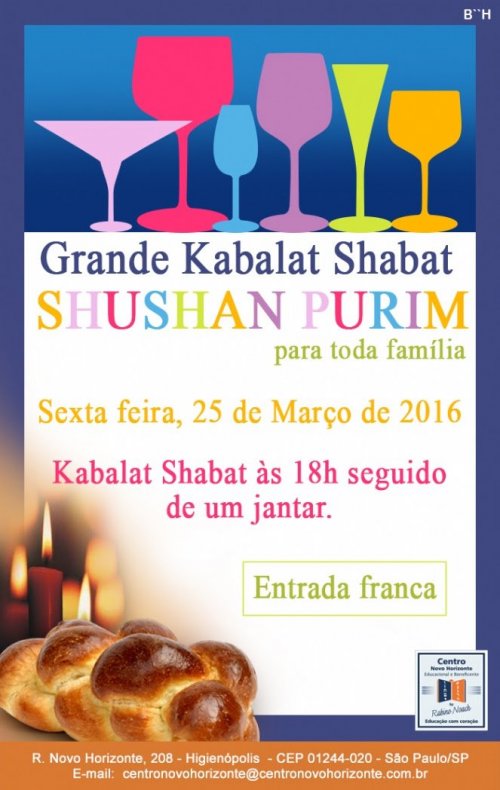 Centro Novo Horizonte: Kabalat Shabat Shushan Purim com Jantar