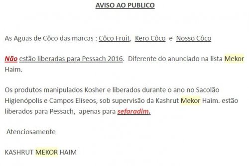 AVISO KASHRUT MEKOR HAIM - PESSACH 2016