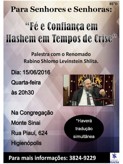 "Fé e Confiança em Hashem em Tempos de Crise" - Palestra com R. Shlomo Levinstein