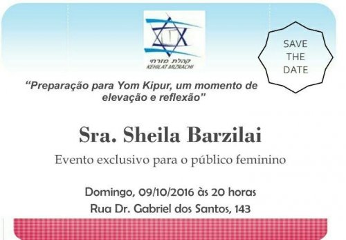 Kehilat Mizrachi: Shiur com Sheila Barzilai, em Preparação para Yom Kipur, para Público Feminino