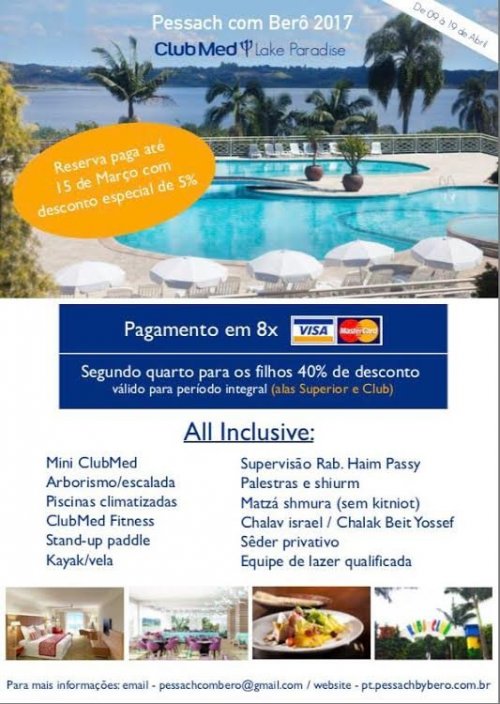 Pessach com Bero 2017 no CLUB MED Lake Paradise - de 09 a 19 de Abril de 2017