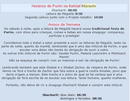 Horários de Purim na Kehilat Mizrachi