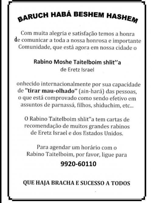 Está em S. Paulo o Rabino Moshe Teitelbaum, Conhecido por Tirar "Mau-Olhado"