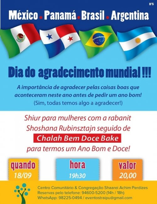 Dia do Agradecimento Mundial, com Shiur e Chalá Bake, na Shaarei Achim Perdizes