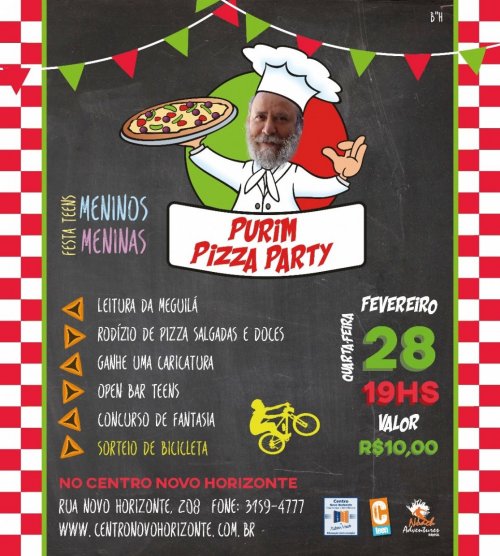 Purim Pizza Party, para Teens, no Centro Novo Horizonte