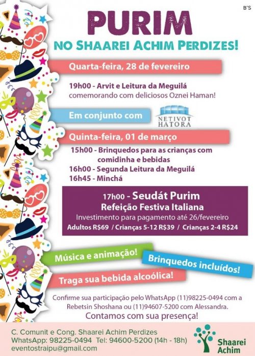 Programação Completa de Purim na Shaarei Achim Perdizes