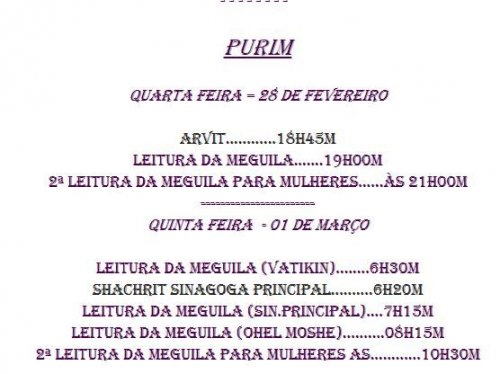 Horários de Purim na Congregação Mekor Haim