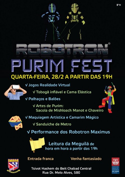 Robotron Purim Fest, no Beit Chabad Central + Programação Completa das Leituras da Meguilá