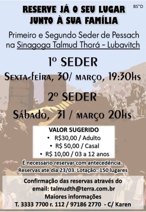 Talmud-Thorá Lubavitch: Sedarim de Pessach Comunitários